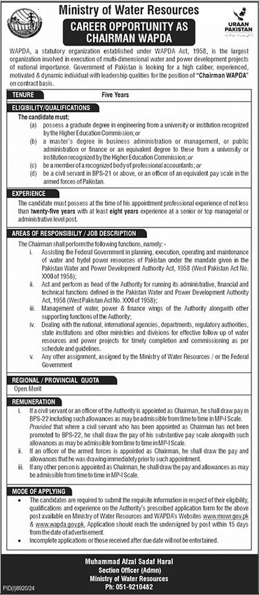 Chairman WAPDA Jobs in Ministry of Water Resources Islamabad